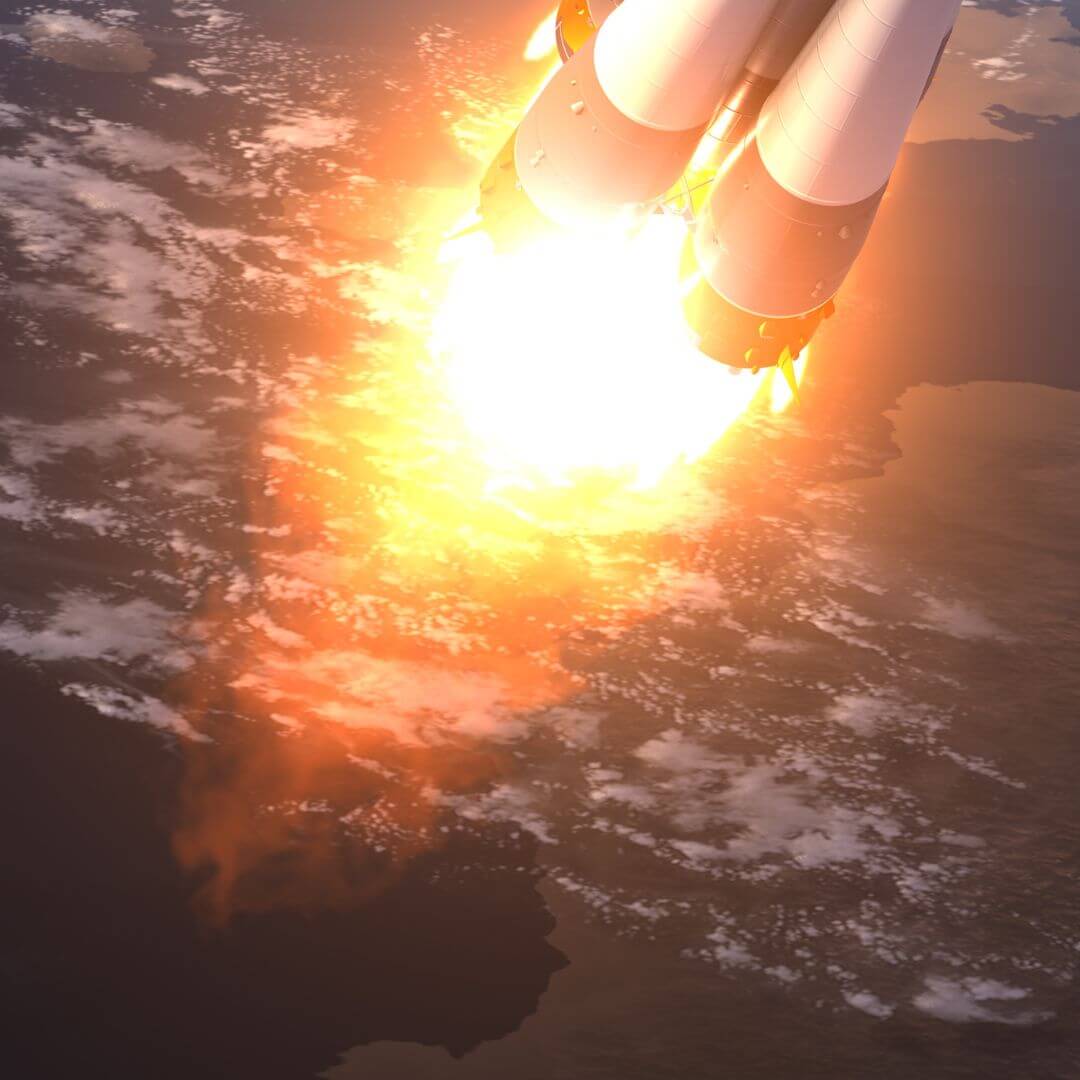Rocket propulsion system during atmospheric flight, representing hypersonic and aerospace propulsion applications for advanced metal additive manufacturing materials.
