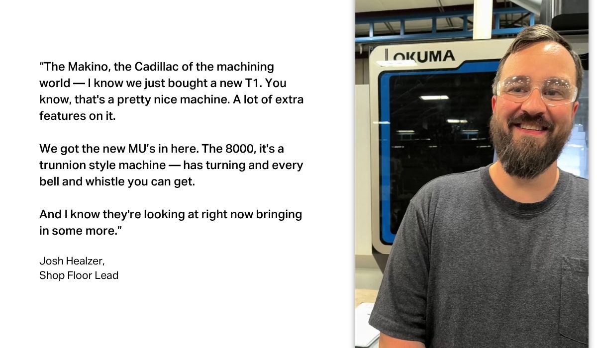 ADDMAN Shop Floor Lead Josh Healzer standing in front of an Okuma CNC machine with a quote about the facility's continued investment in modern equipment.